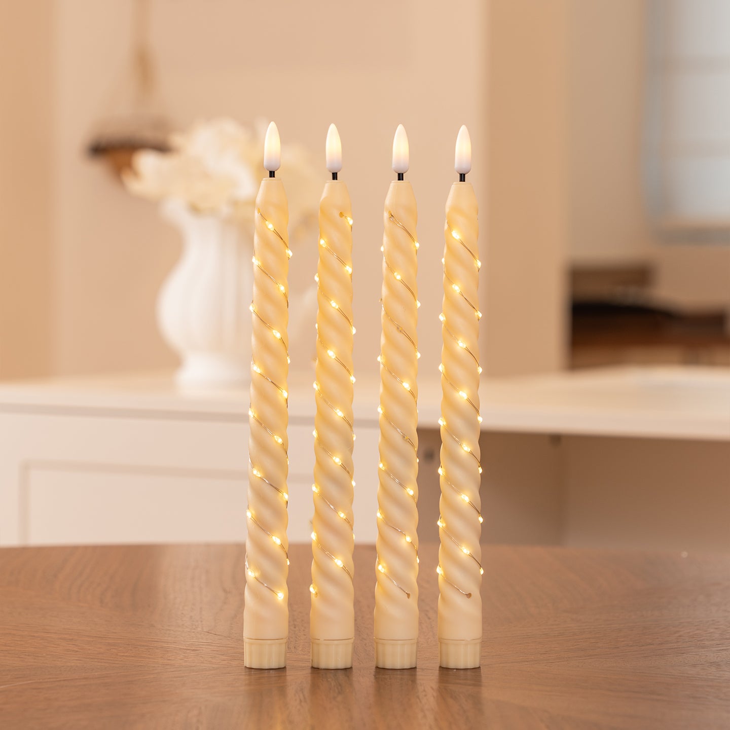 Beige Spiral Pillar Candle, Outer‑Wrapped String Lights Remote Flame Tip