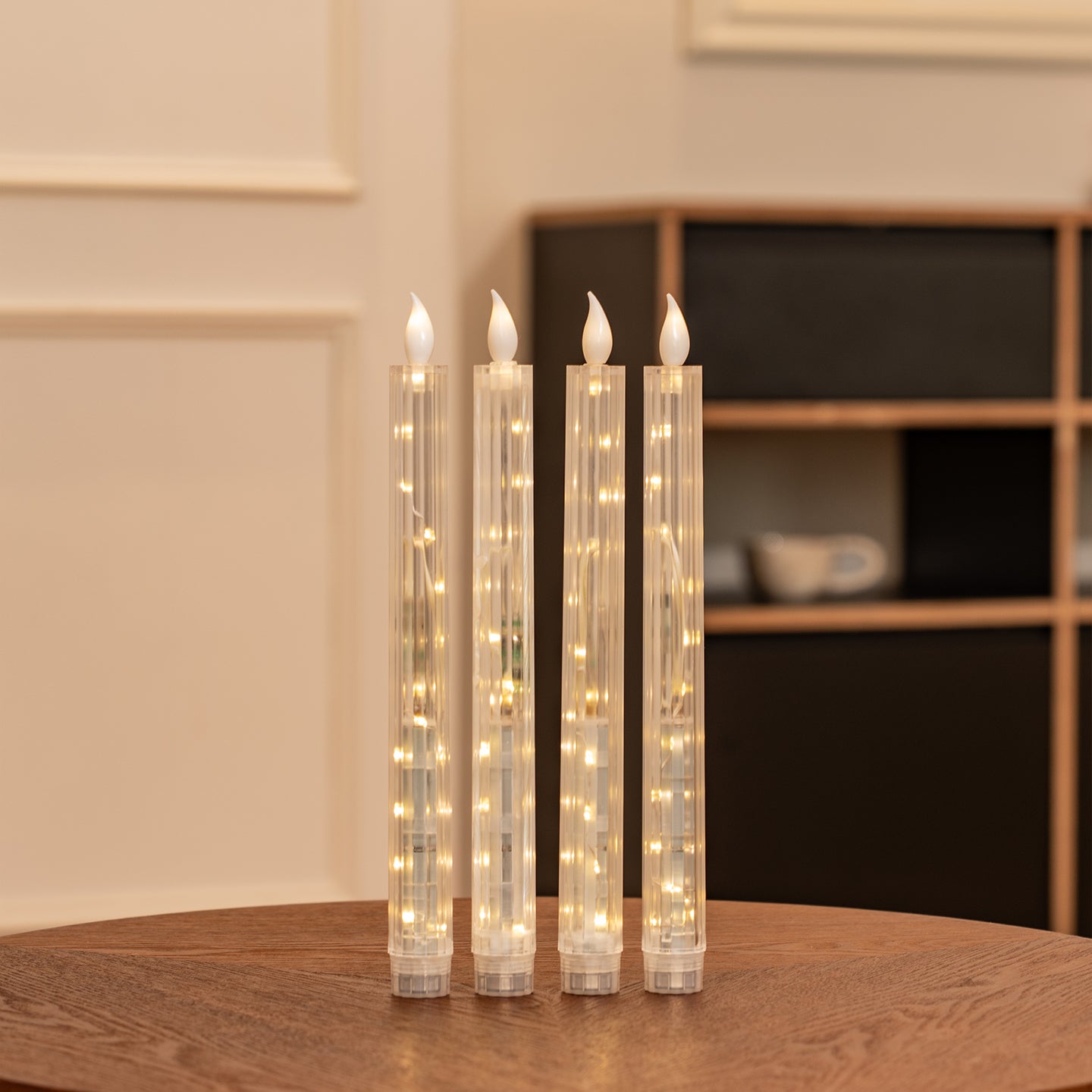 Clear Gear‑Textured Pillar Candle, String Lights Remote Flame Tip