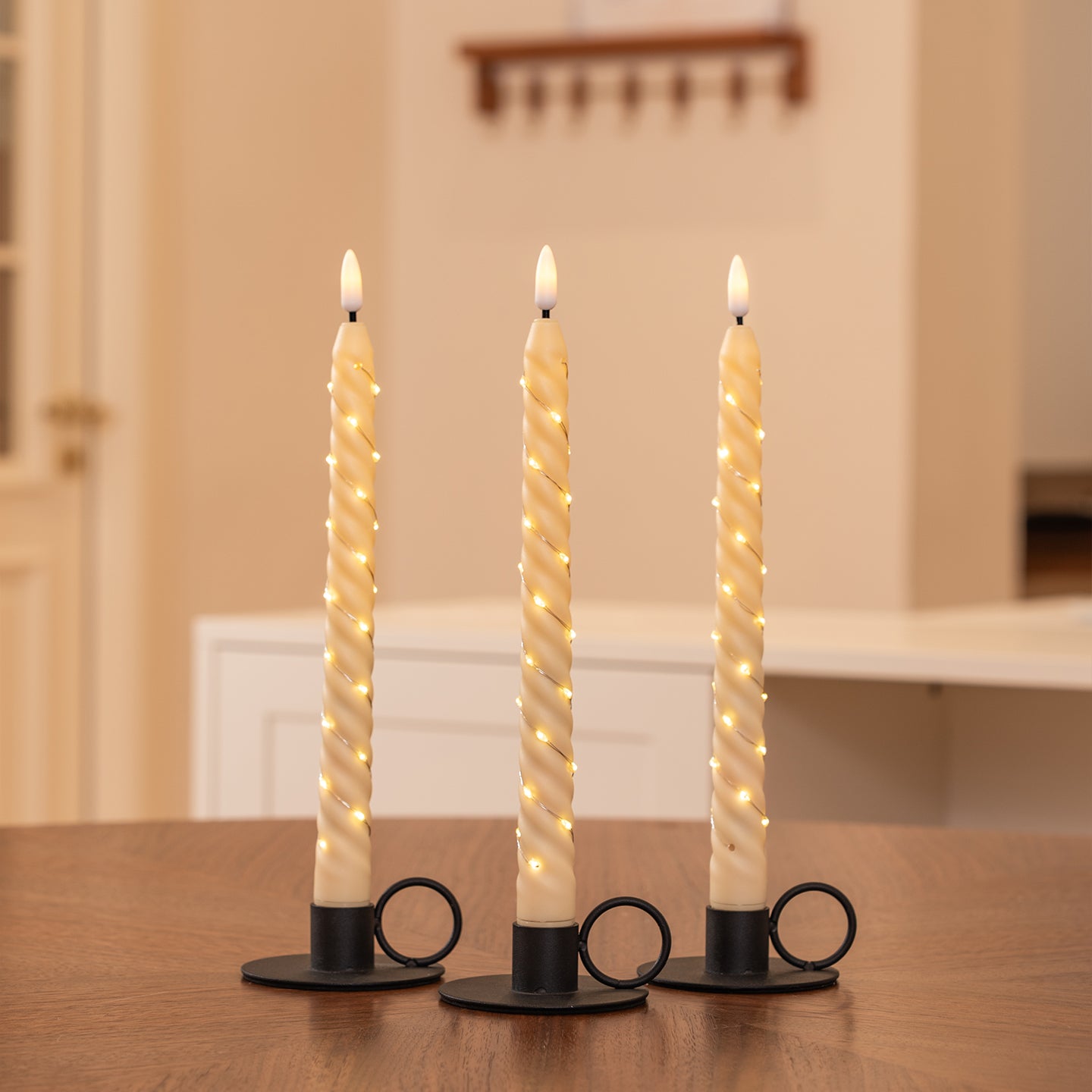 Beige Spiral Pillar Candle, Outer‑Wrapped String Lights Remote Flame Tip