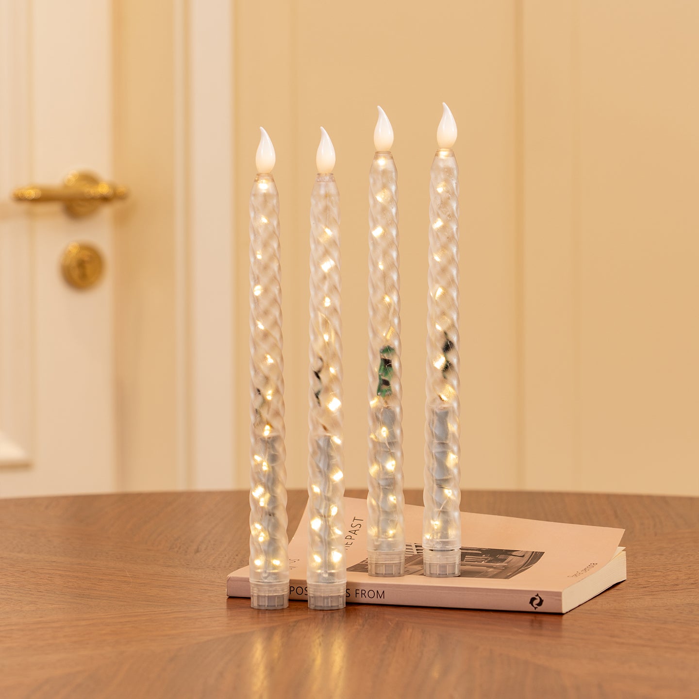 Clear Spiral Pillar Candle, String Lights Remote Flame Tip