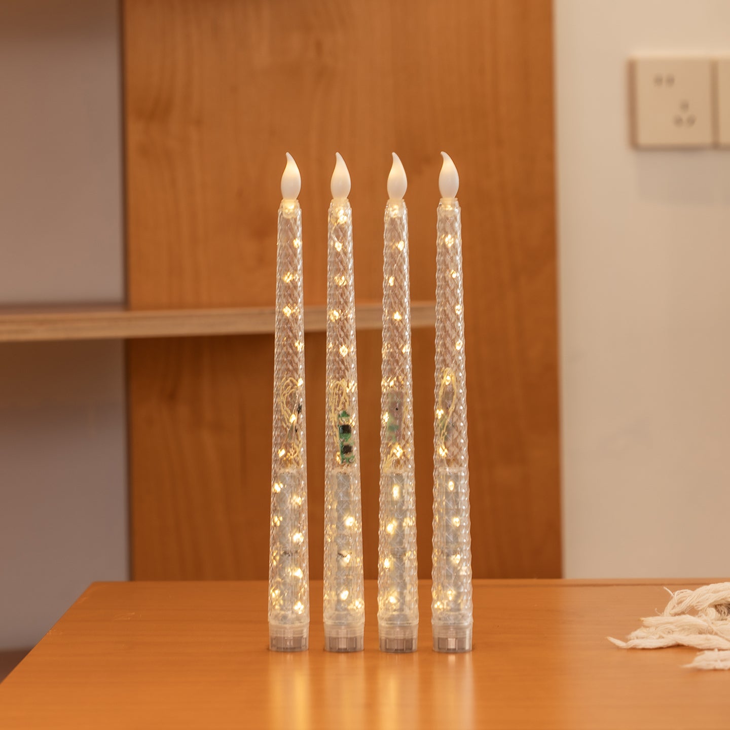 Diamond‑Textured Clear Pillar Candle, String Lights Remote Flame Tip