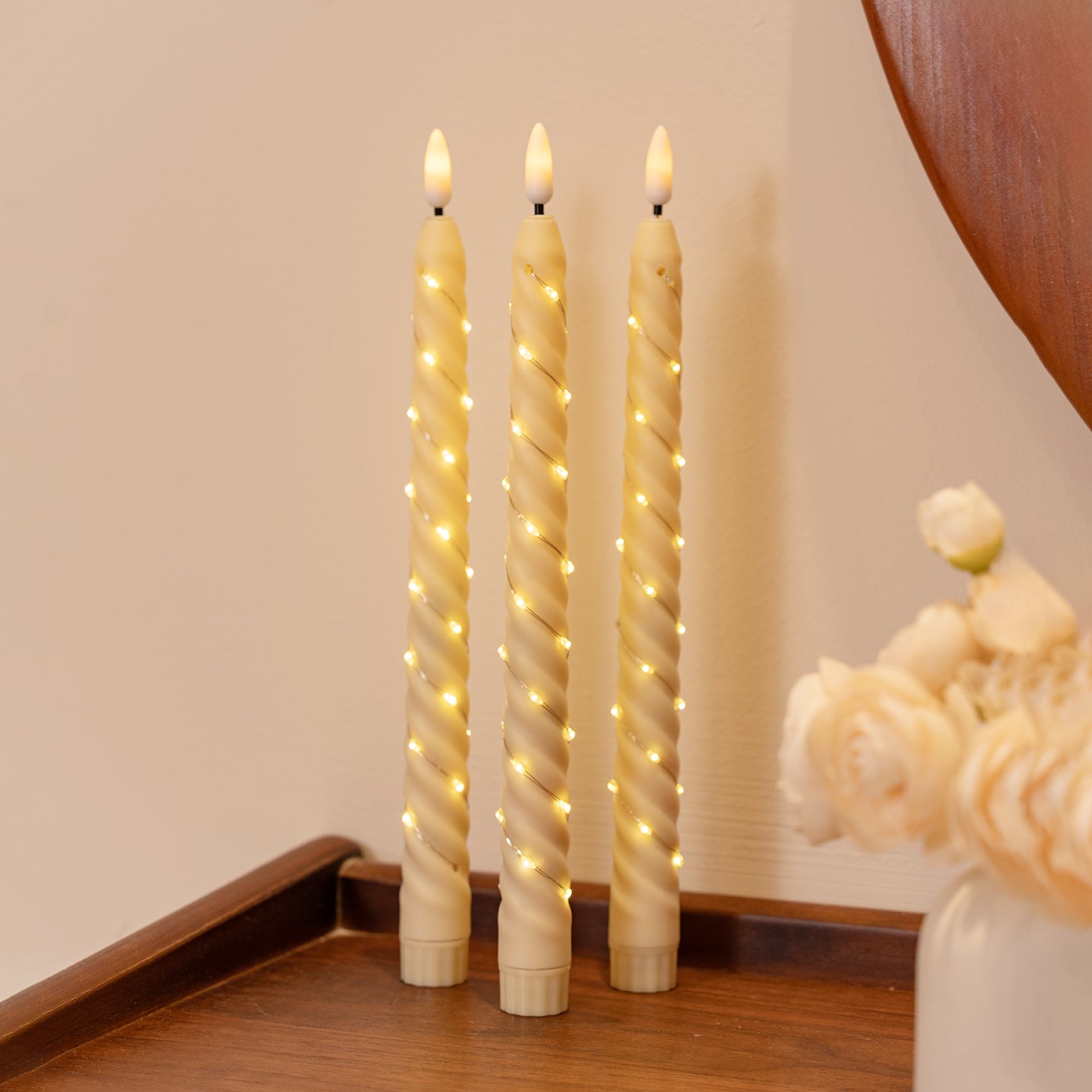 Beige Spiral Pillar Candle, Outer‑Wrapped String Lights Remote Flame Tip