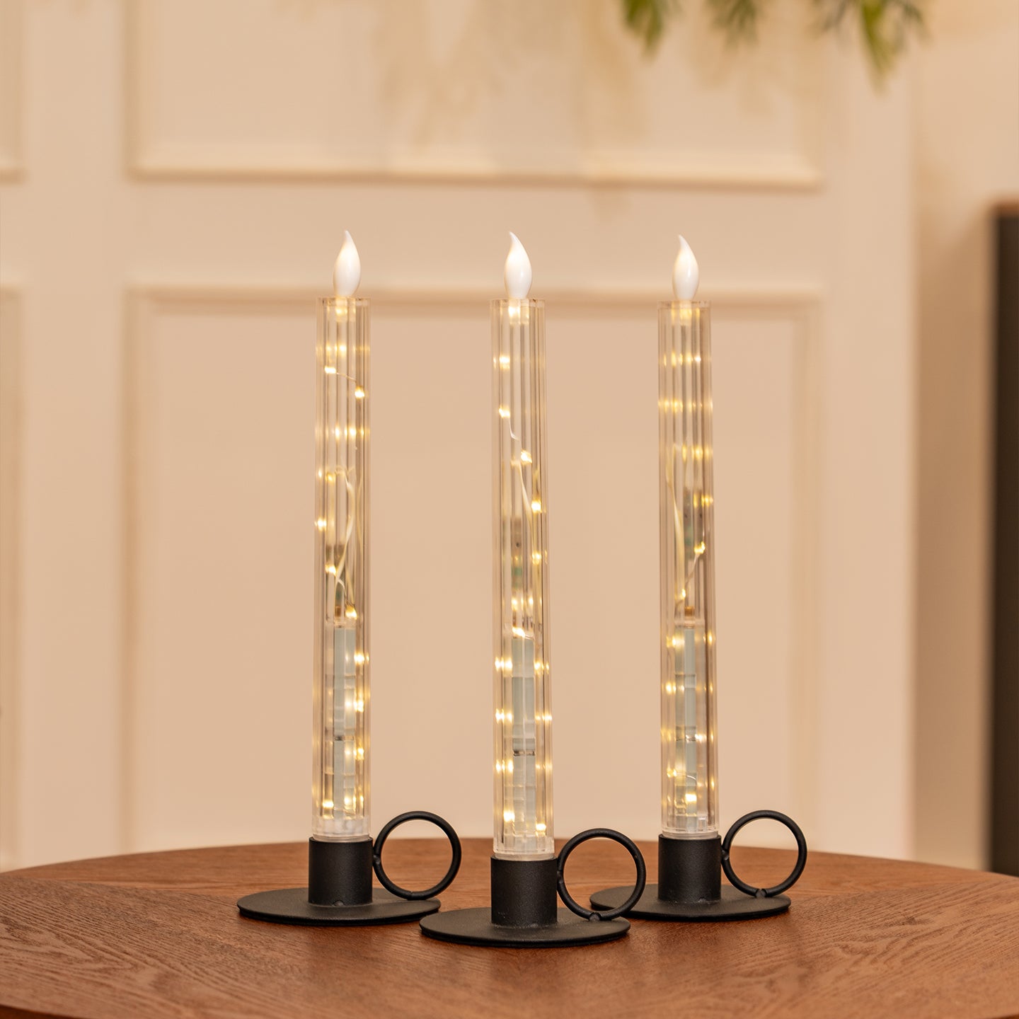 Clear Gear‑Textured Pillar Candle, String Lights Remote Flame Tip