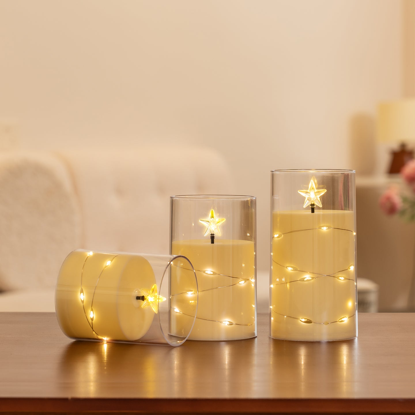 75mm Flat‑Top Plastic Votive Candle, String Lights Remote Star‑Shaped Flame Tip