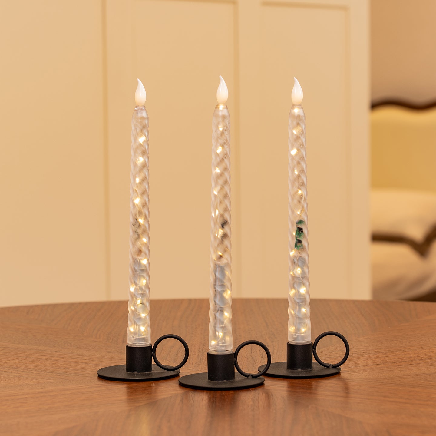 Clear Spiral Pillar Candle, String Lights Remote Flame Tip