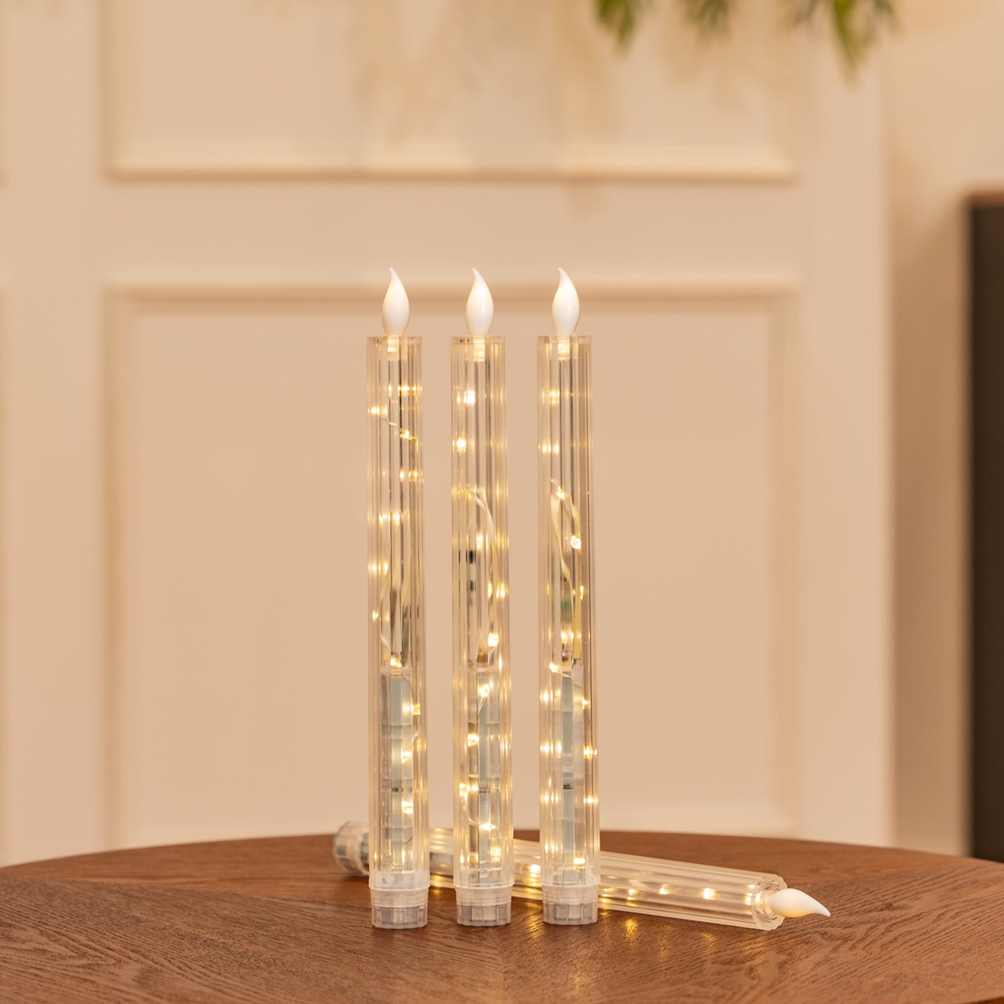 Clear Gear‑Textured Pillar Candle, String Lights Remote Flame Tip