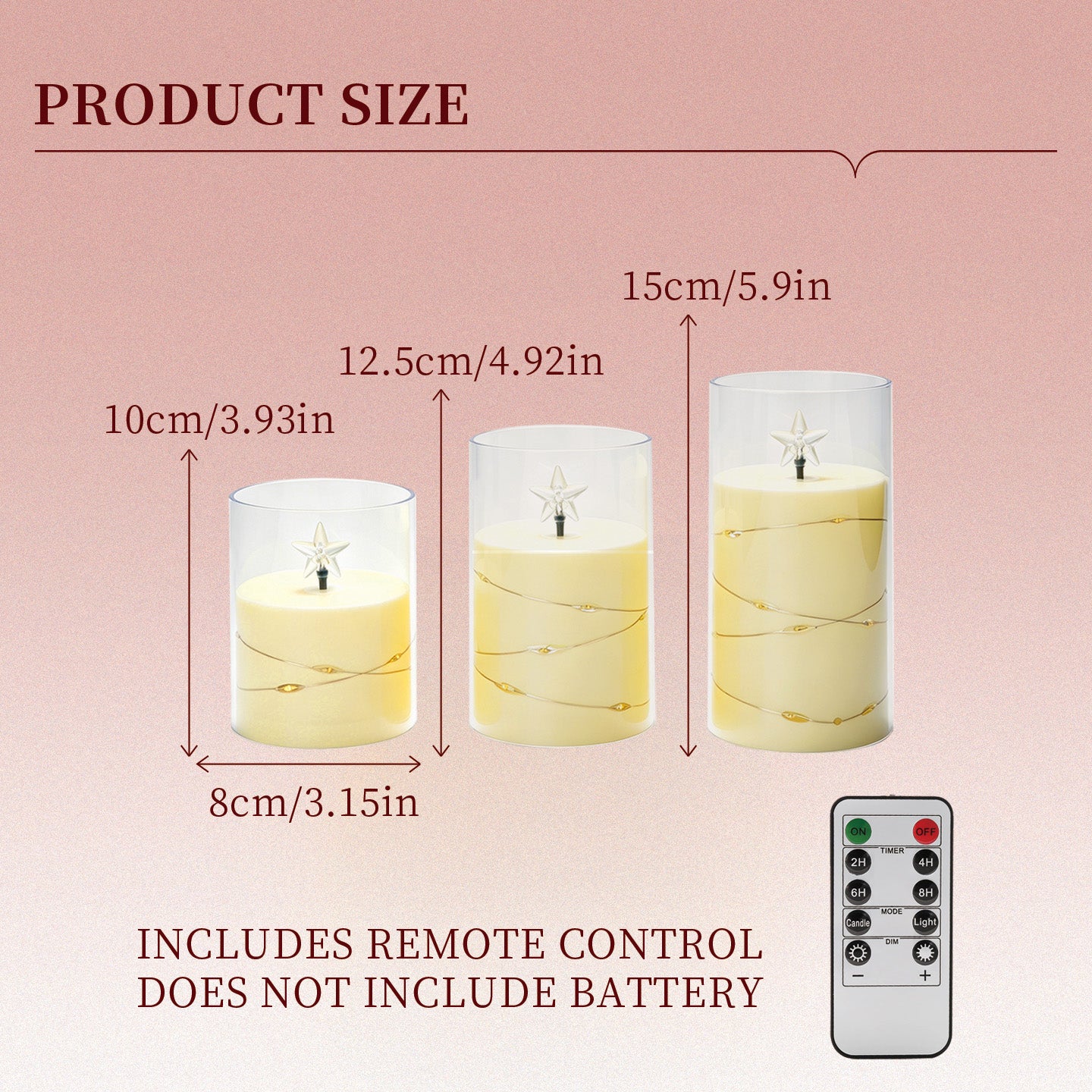 75mm Flat‑Top Plastic Votive Candle, String Lights Remote Star‑Shaped Flame Tip